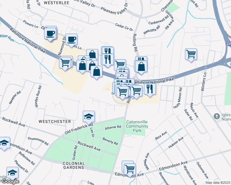 map of restaurants, bars, coffee shops, grocery stores, and more near 801 Geipe Road in Catonsville