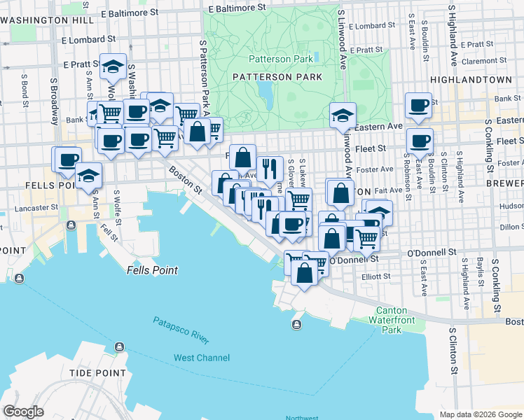 map of restaurants, bars, coffee shops, grocery stores, and more near 815 South Milton Avenue in Baltimore