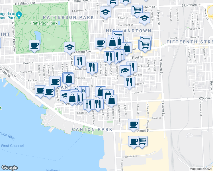map of restaurants, bars, coffee shops, grocery stores, and more near Hudson St & S Bouldin St in Baltimore