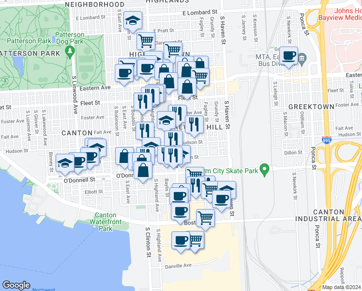 map of restaurants, bars, coffee shops, grocery stores, and more near 3601 Hudson Street in Baltimore