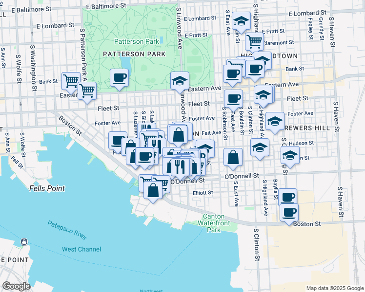 map of restaurants, bars, coffee shops, grocery stores, and more near 2840 Hudson Street in Baltimore