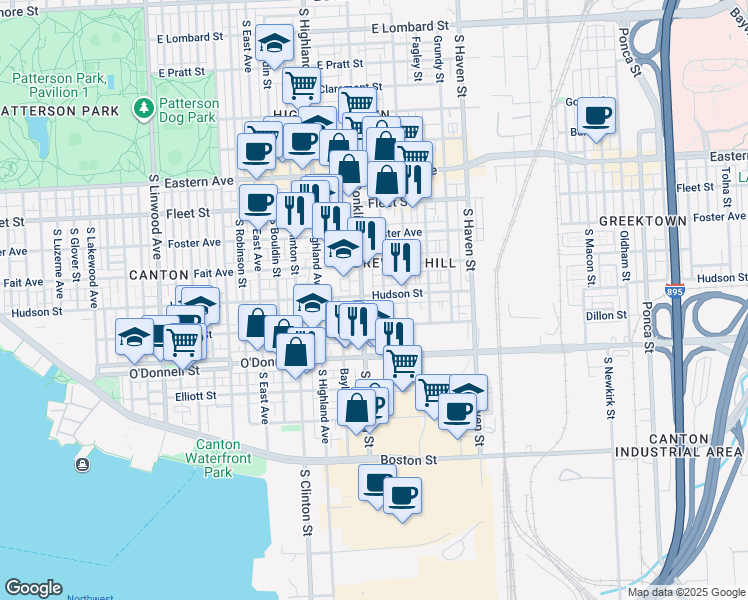 map of restaurants, bars, coffee shops, grocery stores, and more near 3601 Hudson Street in Baltimore