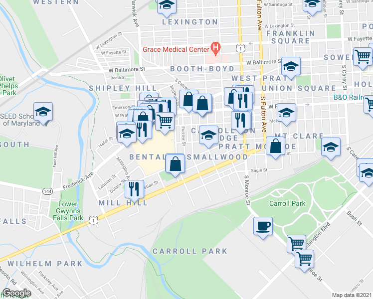 map of restaurants, bars, coffee shops, grocery stores, and more near 421 Furrow Street in Baltimore