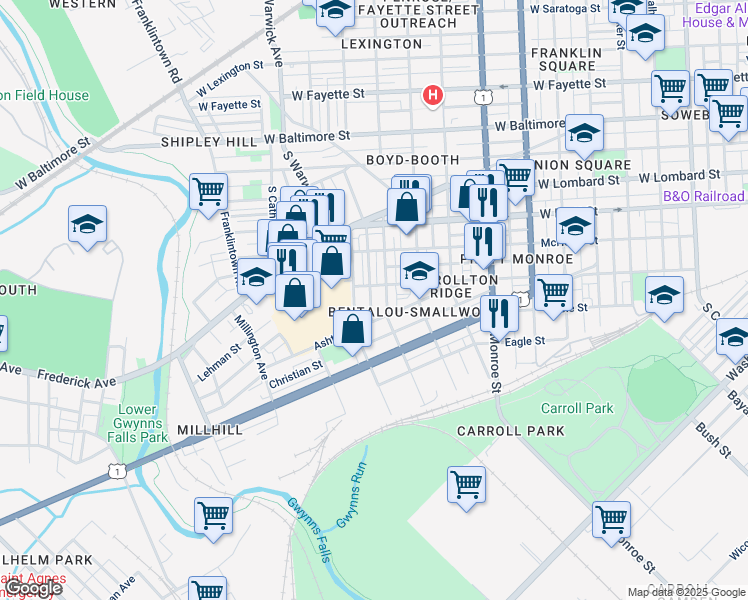 map of restaurants, bars, coffee shops, grocery stores, and more near 421 Furrow Street in Baltimore