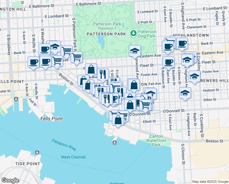 map of restaurants, bars, coffee shops, grocery stores, and more near 819 South Glover Street in Baltimore