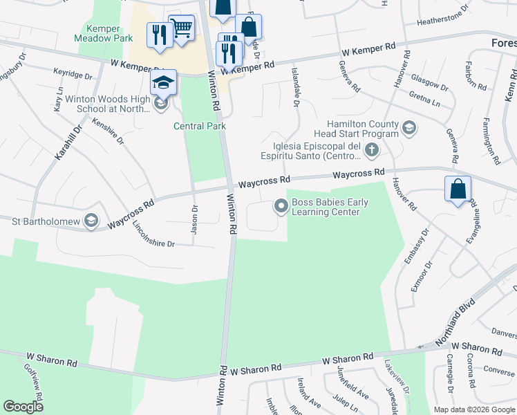 map of restaurants, bars, coffee shops, grocery stores, and more near 1127 Inner Circle Drive in Cincinnati