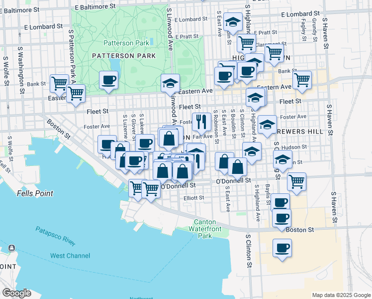 map of restaurants, bars, coffee shops, grocery stores, and more near 2924 Hudson Street in Baltimore
