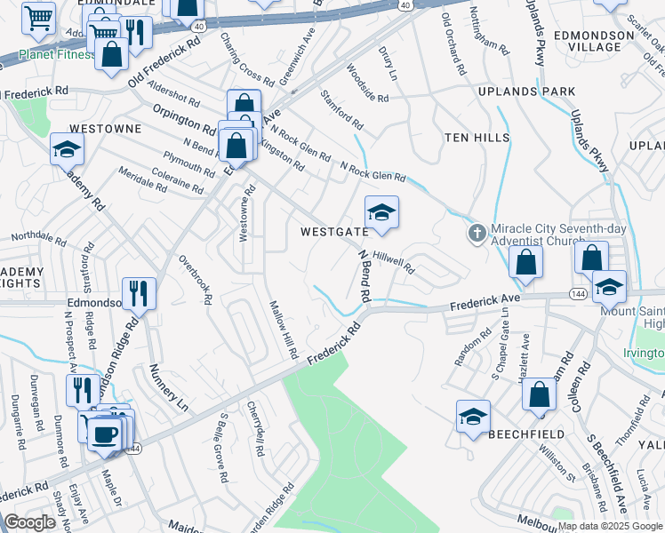 map of restaurants, bars, coffee shops, grocery stores, and more near 5364 Jamestowne Court in Baltimore