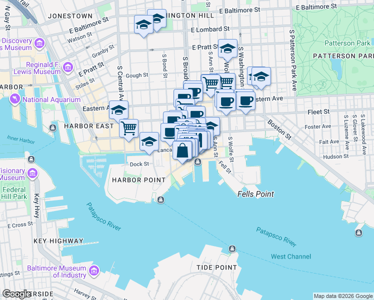 map of restaurants, bars, coffee shops, grocery stores, and more near 800 South Broadway in Baltimore