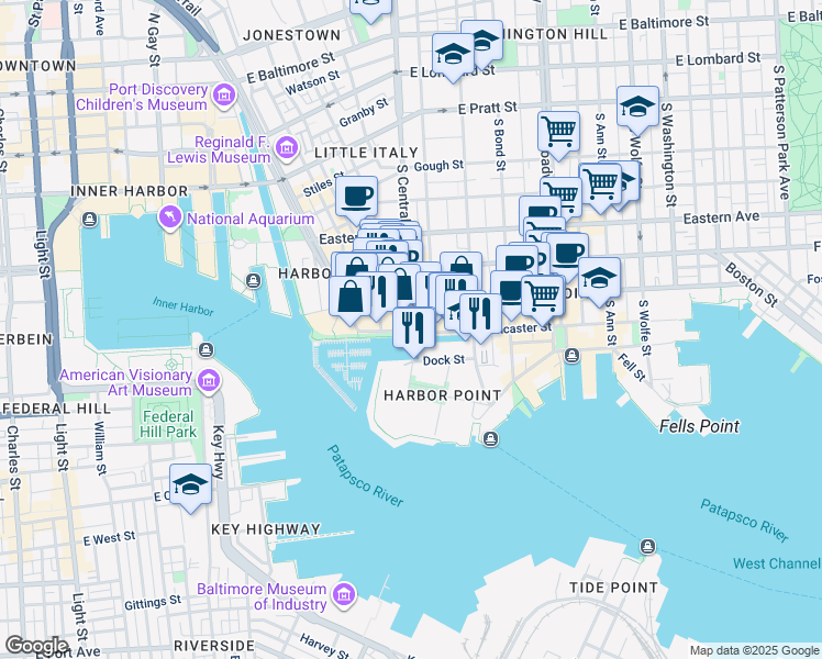 map of restaurants, bars, coffee shops, grocery stores, and more near 800 South Central Avenue in Baltimore