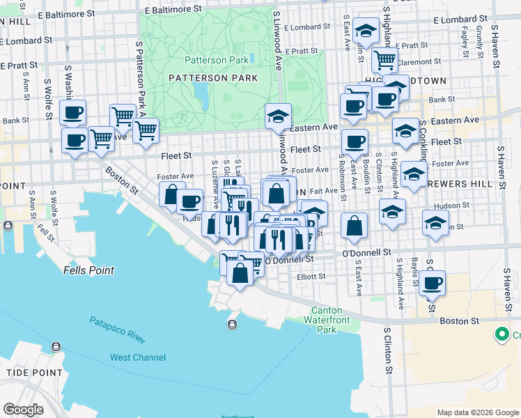 map of restaurants, bars, coffee shops, grocery stores, and more near 832 South Kenwood Avenue in Baltimore