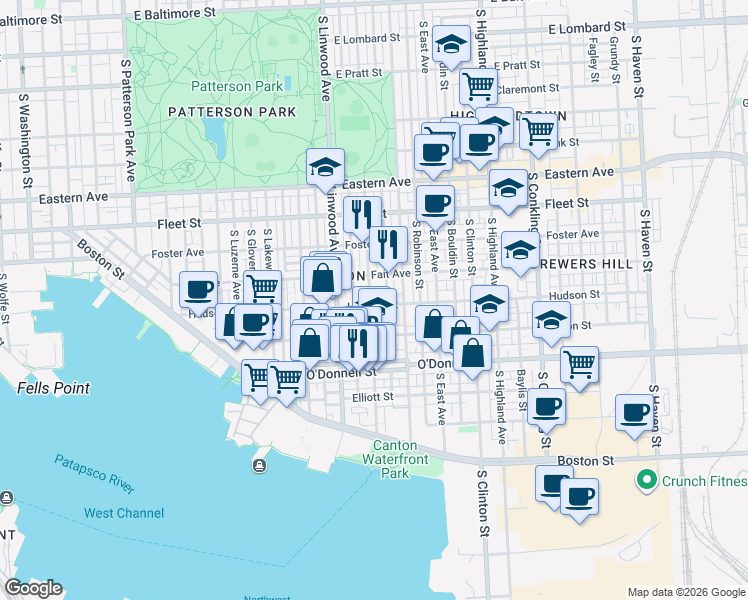 map of restaurants, bars, coffee shops, grocery stores, and more near 3000 Hudson Street in Baltimore