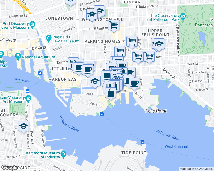 map of restaurants, bars, coffee shops, grocery stores, and more near Lancaster Street & South Bond Street in Baltimore