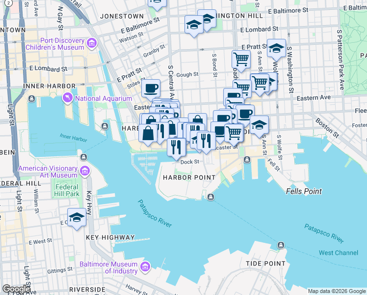 map of restaurants, bars, coffee shops, grocery stores, and more near 1330 Lancaster Street in Baltimore