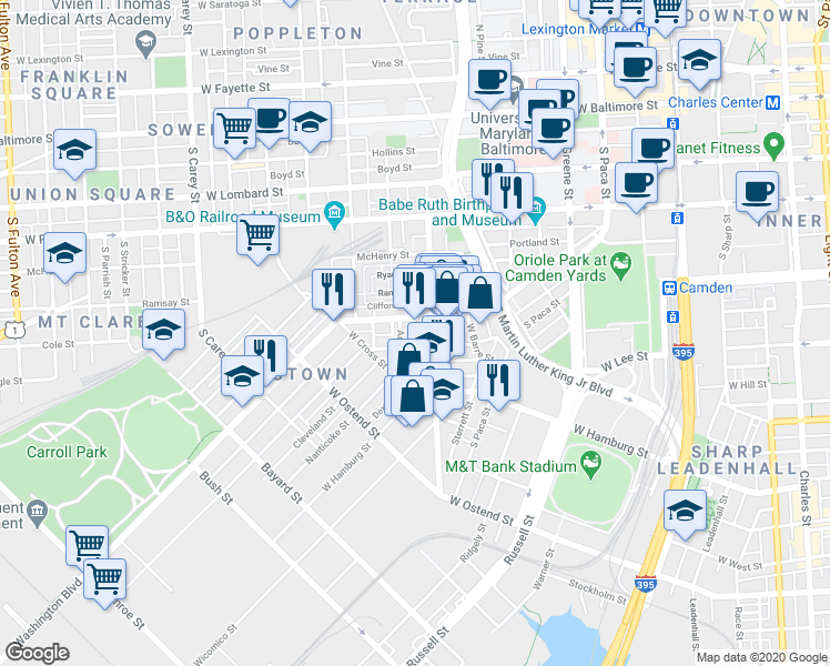 map of restaurants, bars, coffee shops, grocery stores, and more near 511 Wyeth Street in Baltimore