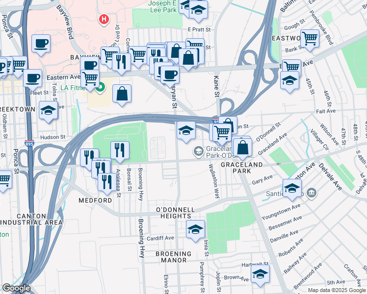map of restaurants, bars, coffee shops, grocery stores, and more near 6300 O Donnell Street in Baltimore