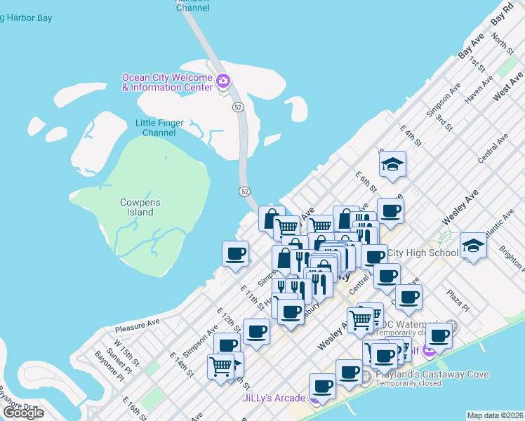 map of restaurants, bars, coffee shops, grocery stores, and more near 97 West 9th Street in Ocean City