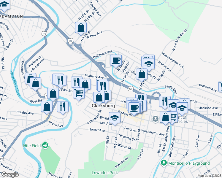 map of restaurants, bars, coffee shops, grocery stores, and more near 500 West Pike Street in Clarksburg