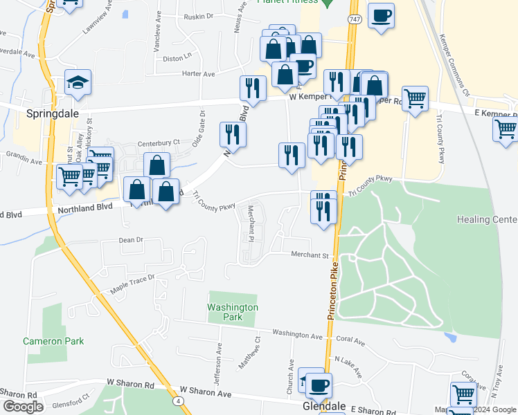 map of restaurants, bars, coffee shops, grocery stores, and more near 144 Merchant Street in Cincinnati