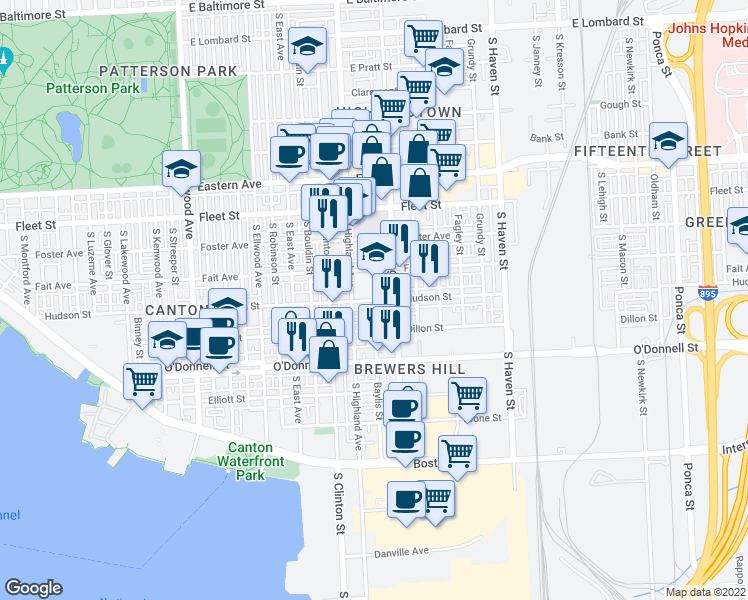 map of restaurants, bars, coffee shops, grocery stores, and more near Hudson Street & Baylis Street in Baltimore