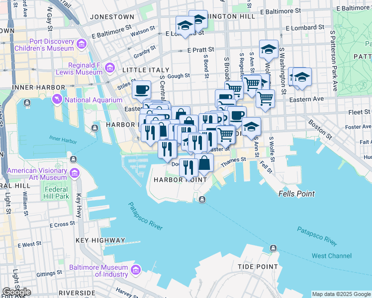 map of restaurants, bars, coffee shops, grocery stores, and more near 1330 Lancaster Street in Baltimore