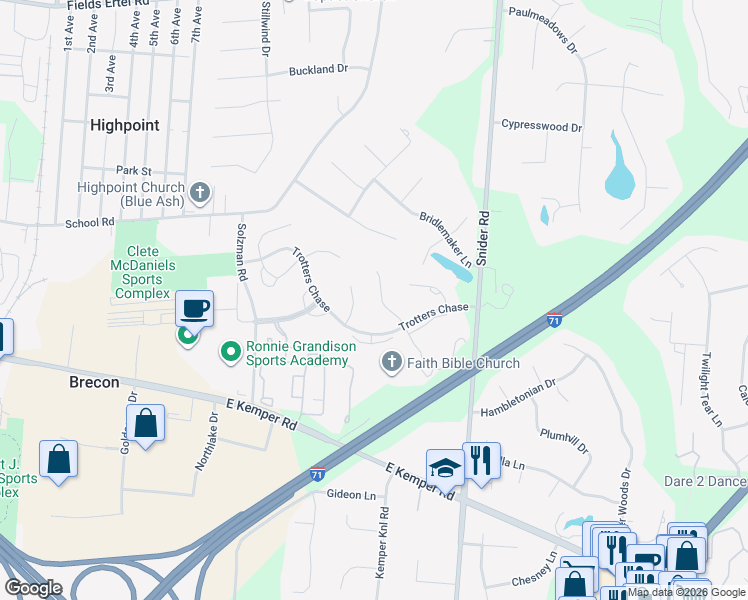 map of restaurants, bars, coffee shops, grocery stores, and more near 11747 Wingate Lane in Cincinnati