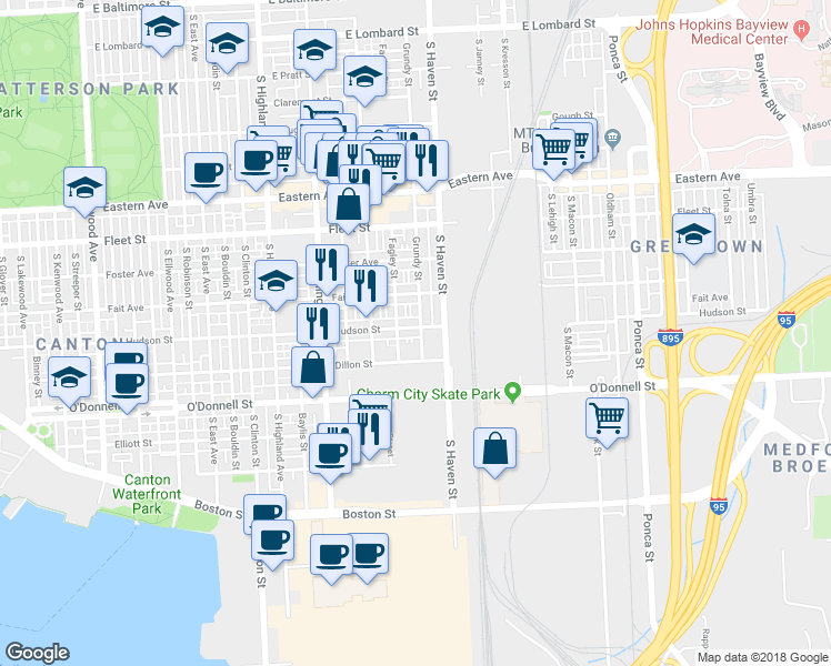 map of restaurants, bars, coffee shops, grocery stores, and more near 3925 Hudson Street in Baltimore
