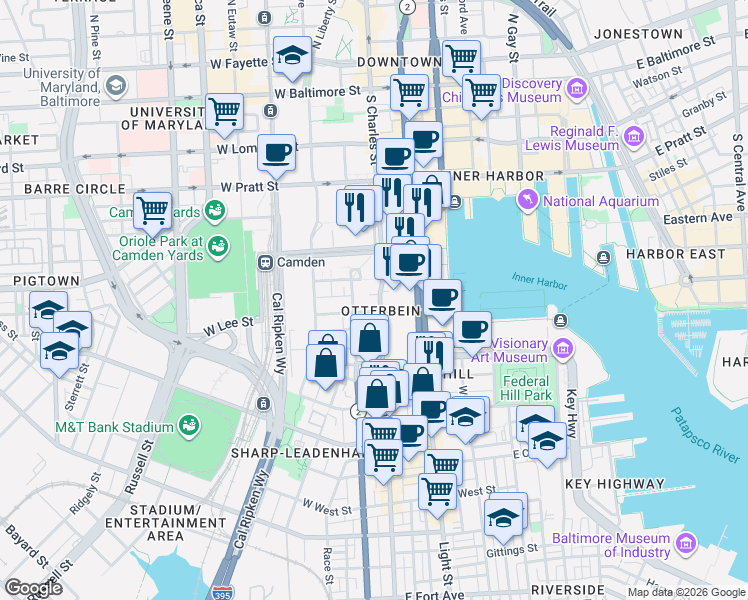 map of restaurants, bars, coffee shops, grocery stores, and more near 530 South Charles Street in Baltimore