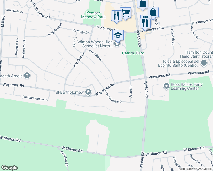 map of restaurants, bars, coffee shops, grocery stores, and more near 1294 Waycross Road in Cincinnati