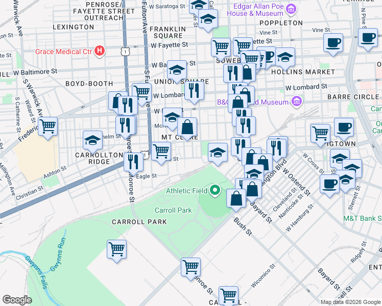 map of restaurants, bars, coffee shops, grocery stores, and more near 428 South Parrish Street in Baltimore