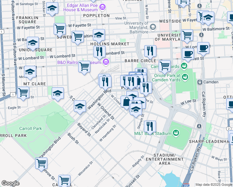 map of restaurants, bars, coffee shops, grocery stores, and more near Reinhardt Street in Baltimore