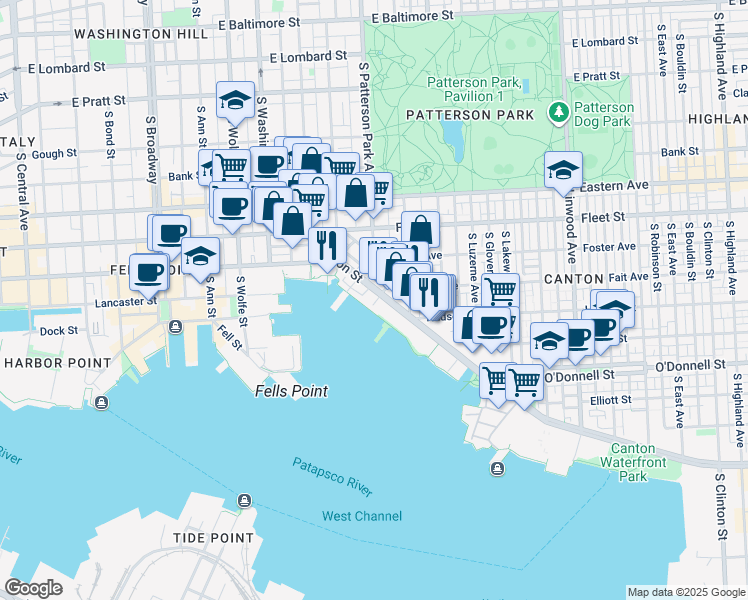 map of restaurants, bars, coffee shops, grocery stores, and more near 2335 Boston Street in Baltimore