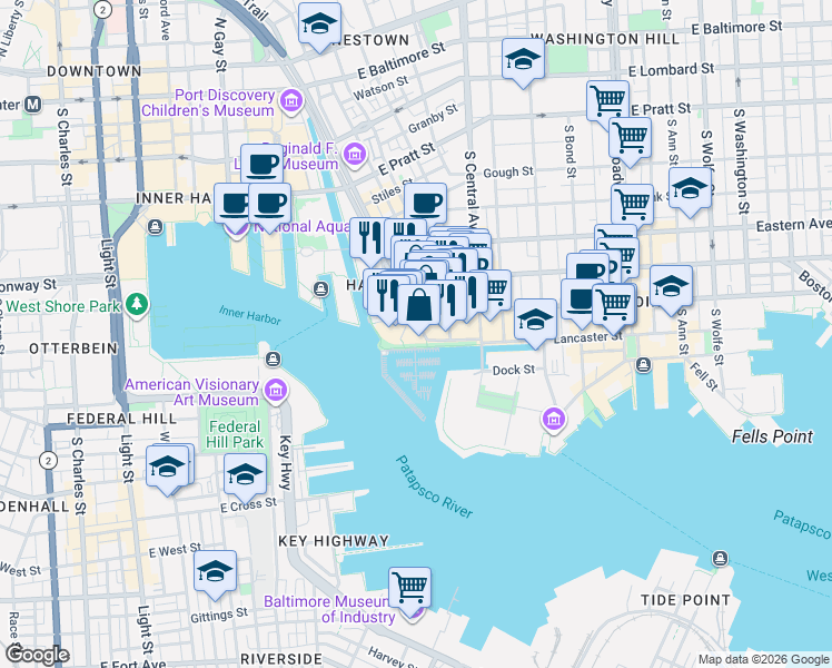 map of restaurants, bars, coffee shops, grocery stores, and more near 0 East Baltimore Street in Baltimore