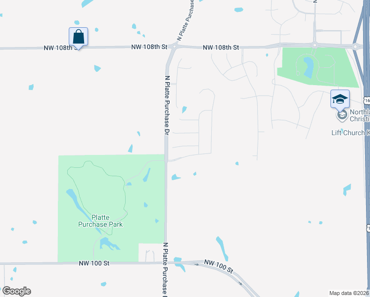map of restaurants, bars, coffee shops, grocery stores, and more near 10373-10685 North Platte Purchase Drive in Kansas City
