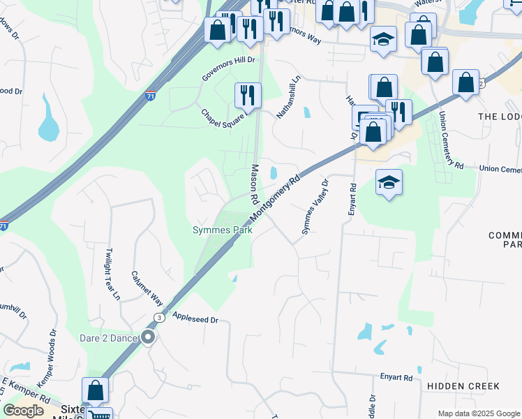 map of restaurants, bars, coffee shops, grocery stores, and more near Montgomery Rd & Mason Montgomery Rd in Hamilton