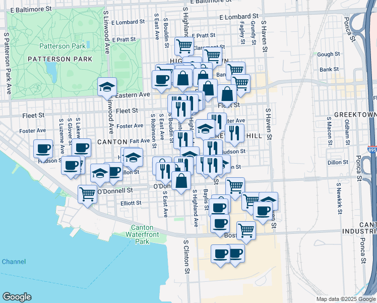 map of restaurants, bars, coffee shops, grocery stores, and more near 3322 Hudson Street in Baltimore