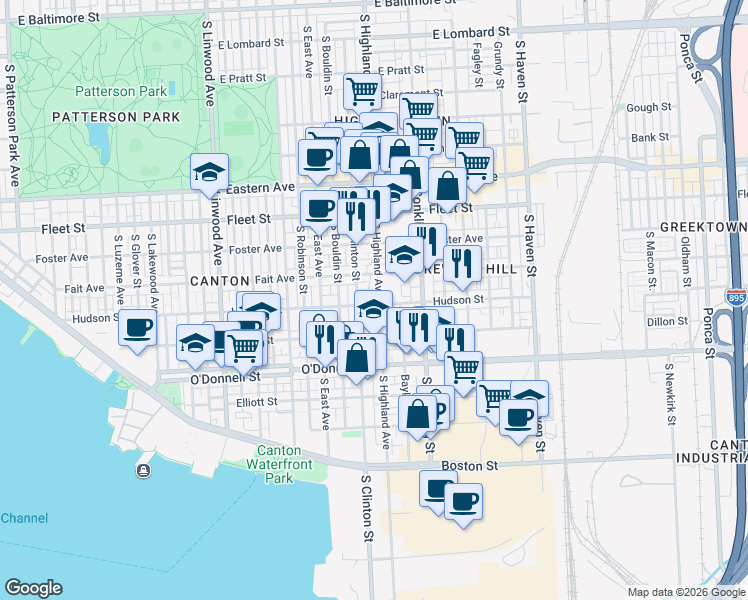 map of restaurants, bars, coffee shops, grocery stores, and more near 3328 Hudson Street in Baltimore