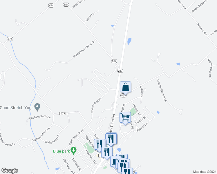 map of restaurants, bars, coffee shops, grocery stores, and more near 4 Tilgham Place in Lovettsville