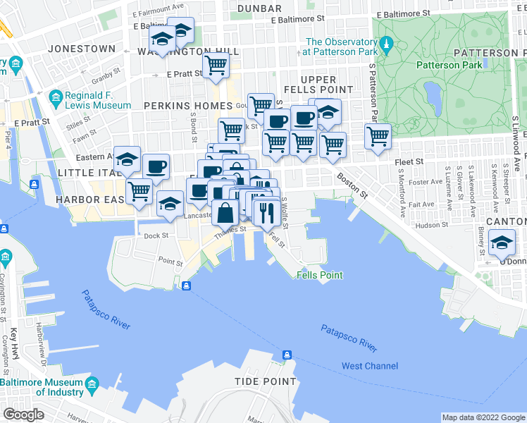 map of restaurants, bars, coffee shops, grocery stores, and more near Lancaster St & S Ann St in Baltimore
