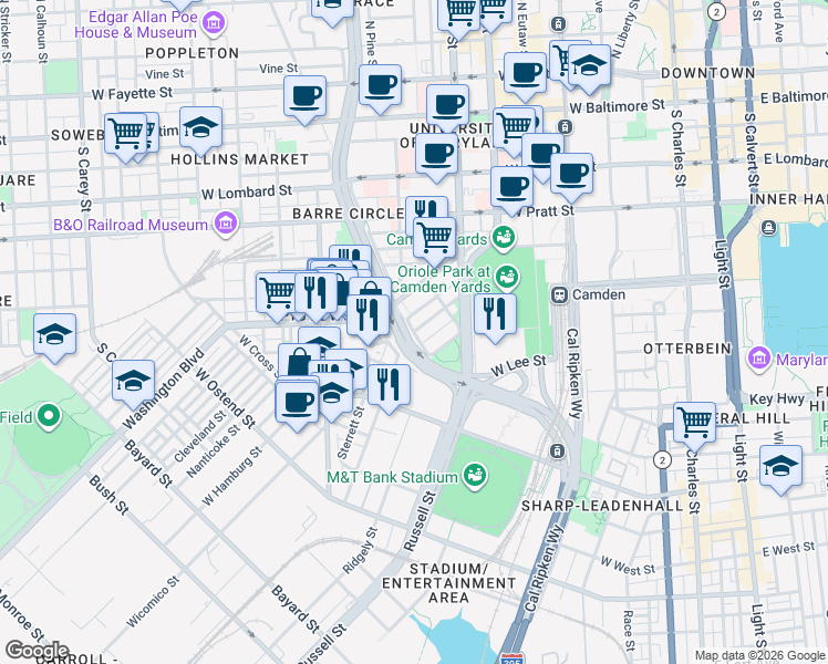 map of restaurants, bars, coffee shops, grocery stores, and more near South Paca Street in Baltimore