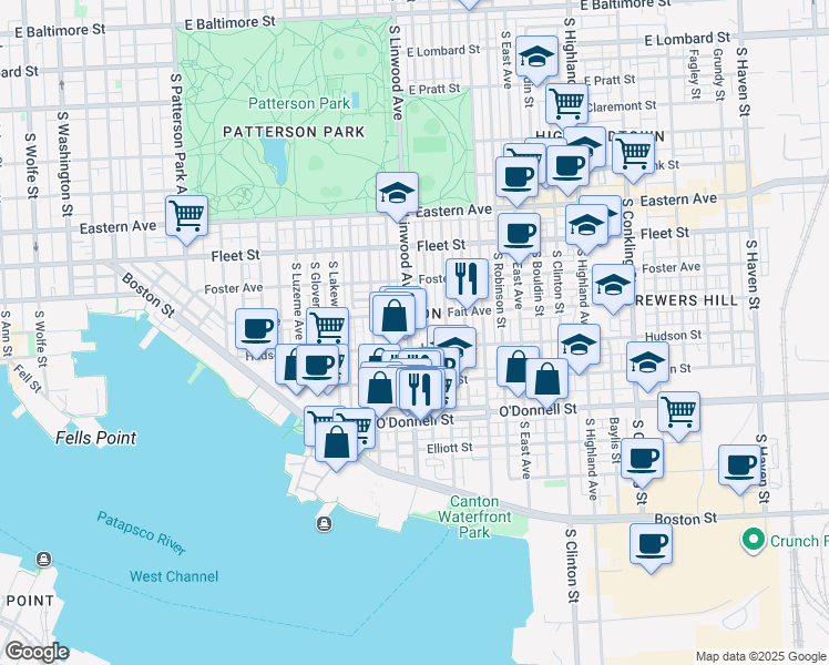 map of restaurants, bars, coffee shops, grocery stores, and more near 825 South Linwood Avenue in Baltimore