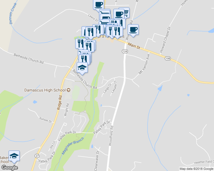 map of restaurants, bars, coffee shops, grocery stores, and more near 25940 Largo Court in Damascus