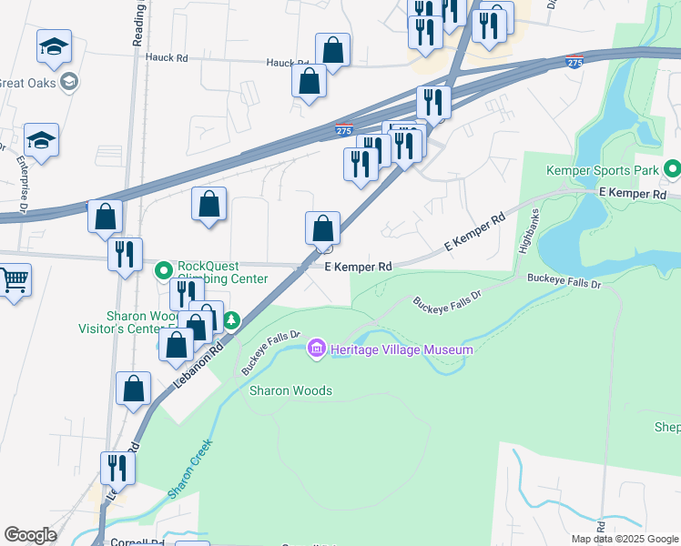 map of restaurants, bars, coffee shops, grocery stores, and more near 3756 Zind Lane in Sharonville