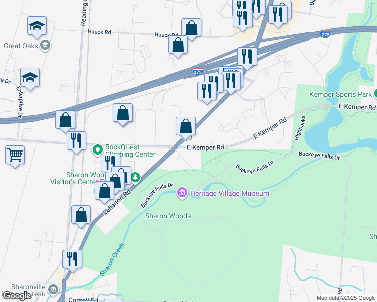 map of restaurants, bars, coffee shops, grocery stores, and more near 3756 Zind Lane in Sharonville