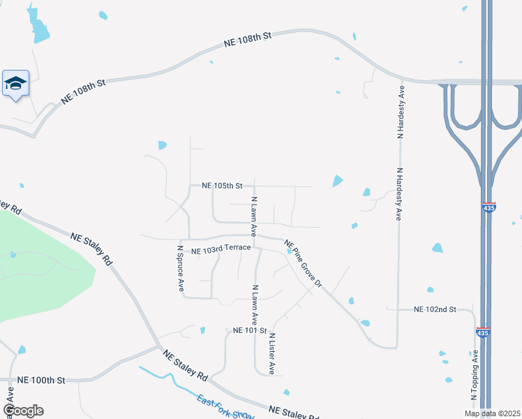 map of restaurants, bars, coffee shops, grocery stores, and more near 4707 Northeast 104th Street in Kansas City