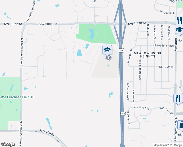 map of restaurants, bars, coffee shops, grocery stores, and more near 169 Highway in Kansas City