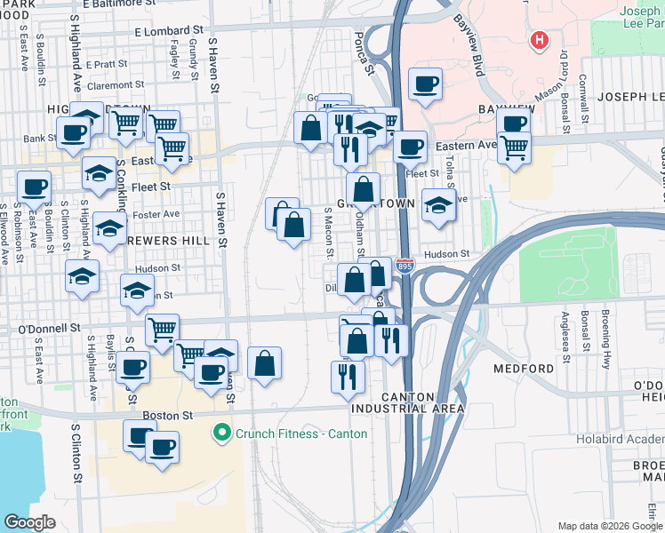 map of restaurants, bars, coffee shops, grocery stores, and more near 4609 Hudson Street in Baltimore