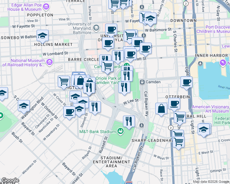 map of restaurants, bars, coffee shops, grocery stores, and more near W Conway St & Warner St in Baltimore