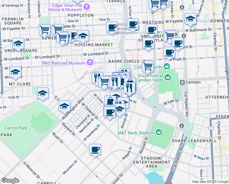 map of restaurants, bars, coffee shops, grocery stores, and more near 807 Washington Boulevard in Baltimore