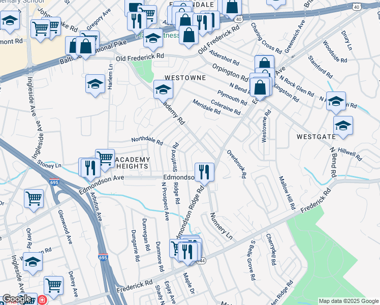 map of restaurants, bars, coffee shops, grocery stores, and more near 409 Lambeth Road in Catonsville